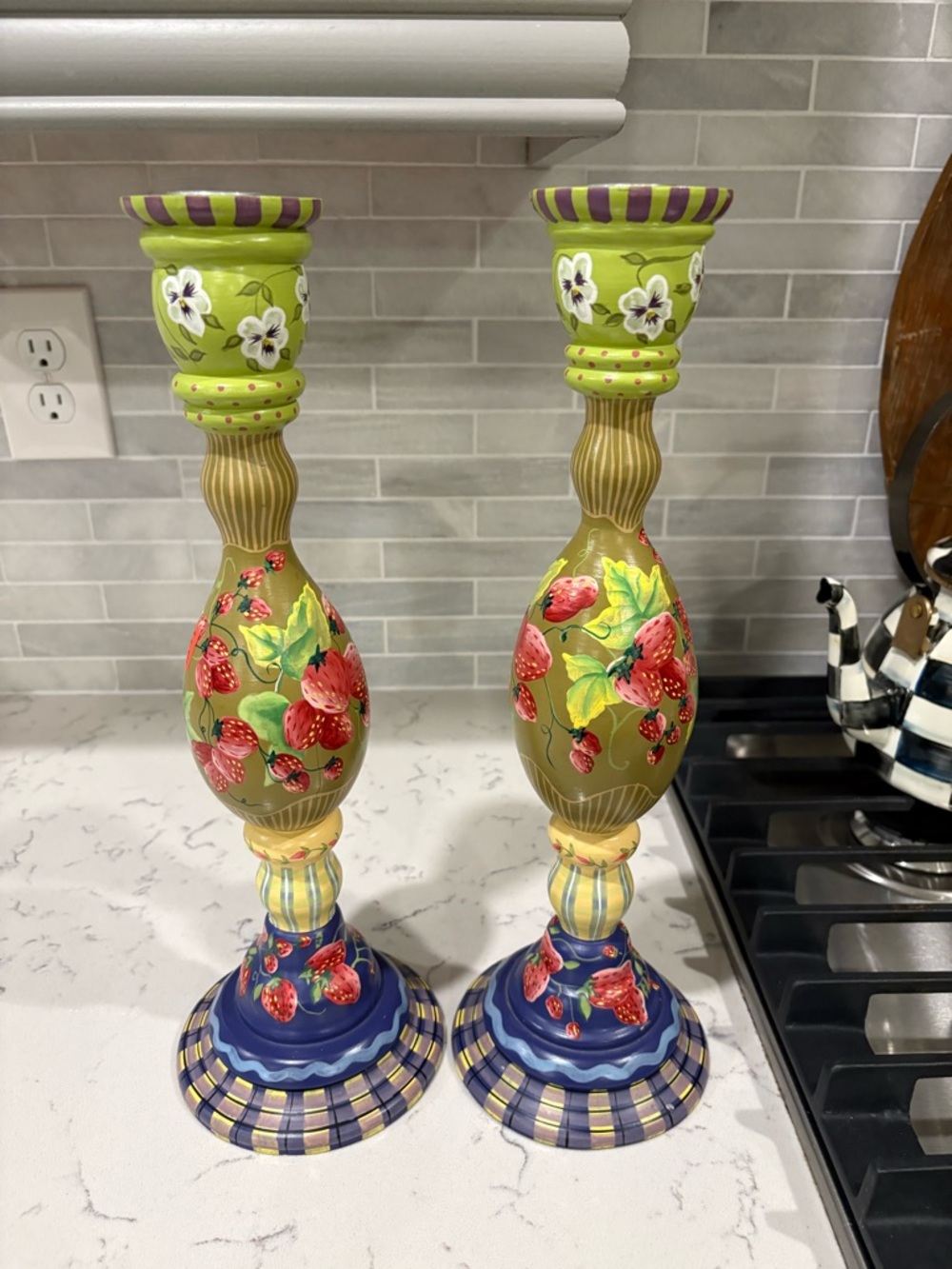 (2) Tracy Porter Hand-Painted Wooden Candle Holders